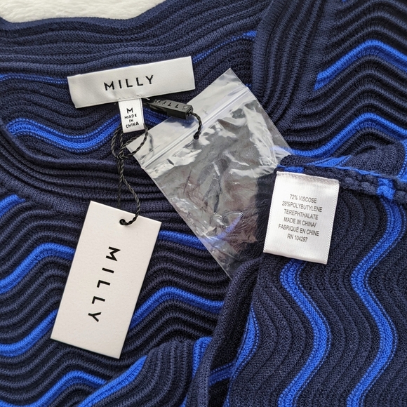 Milly Pullover Crop Mid-Weight Textured Wave Knit Scallop Trim Navy Cobalt M NWT - Picture 14 of 15